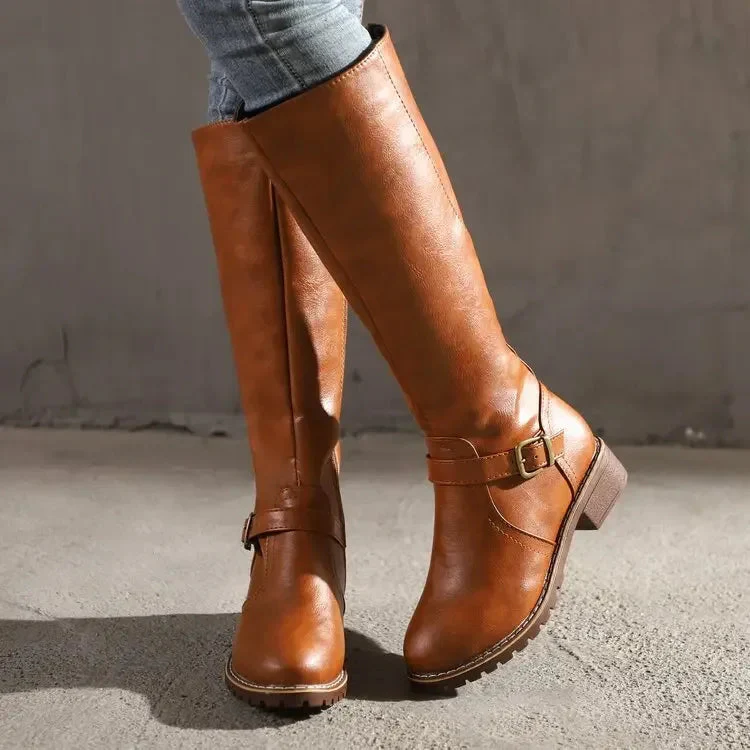 Damen Stiefel Hochwertiges Leder Kniehoch mit Schnallendetails