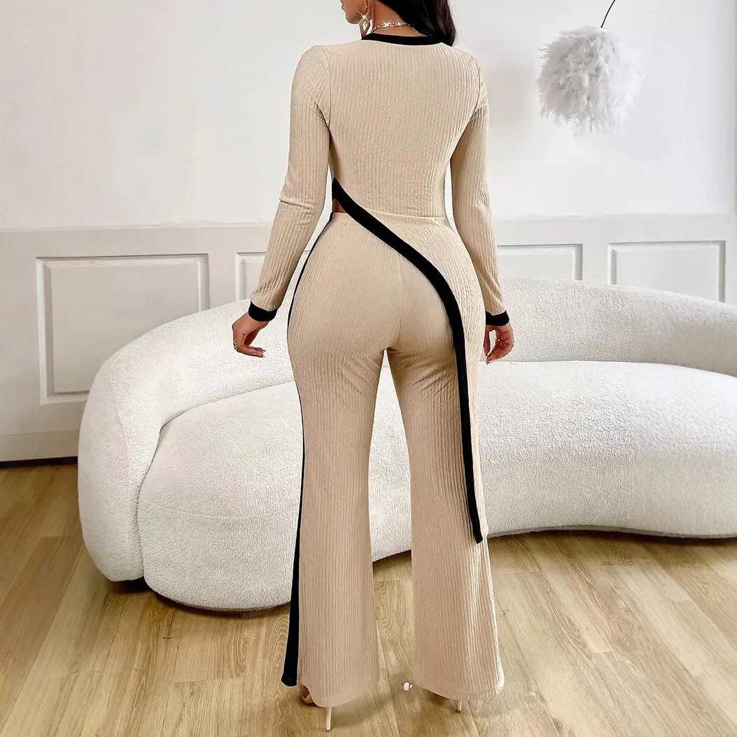Damen Stilvoller Jumpsuit mit asymmetrischem Design und kontrastierenden Paspeln