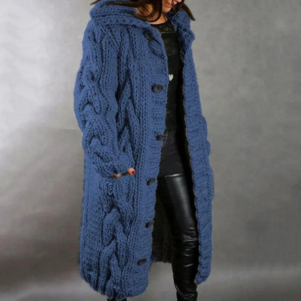 Damen Strickjacke Mantel Lang | Mit Kapuze Grobstrick