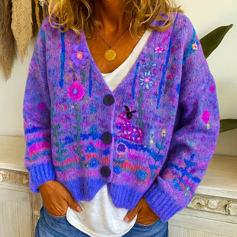 Damen-Strickjacke zum Knöpfen mit buntem Blumenmuster und V-Ausschnitt - Image 2