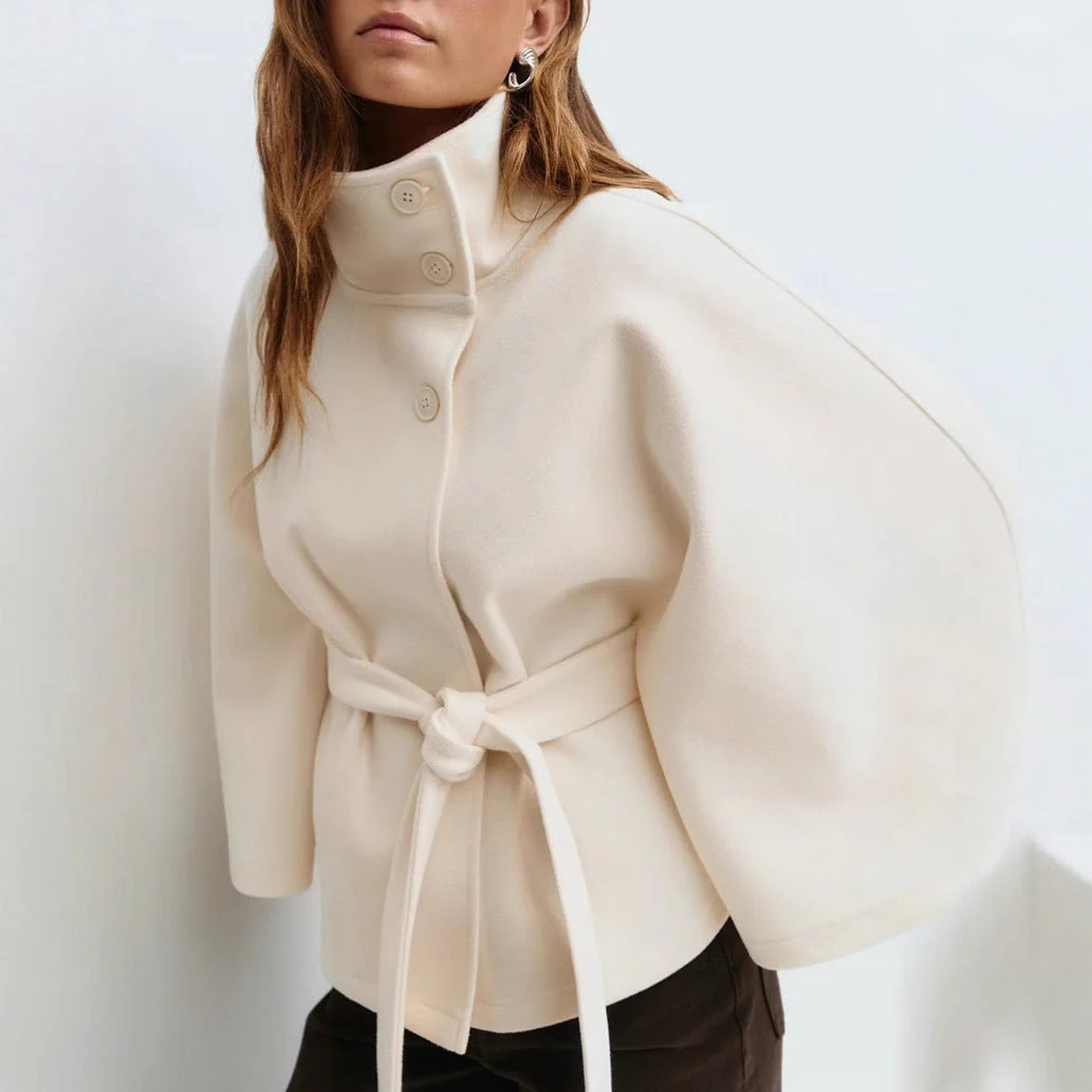 Damen stylische Umhangjacke mit hohem Kragen und Gürtel