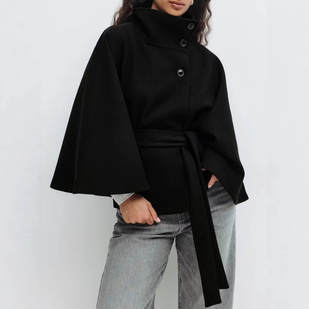 Damen stylische Umhangjacke mit hohem Kragen und Gürtel - Image 2