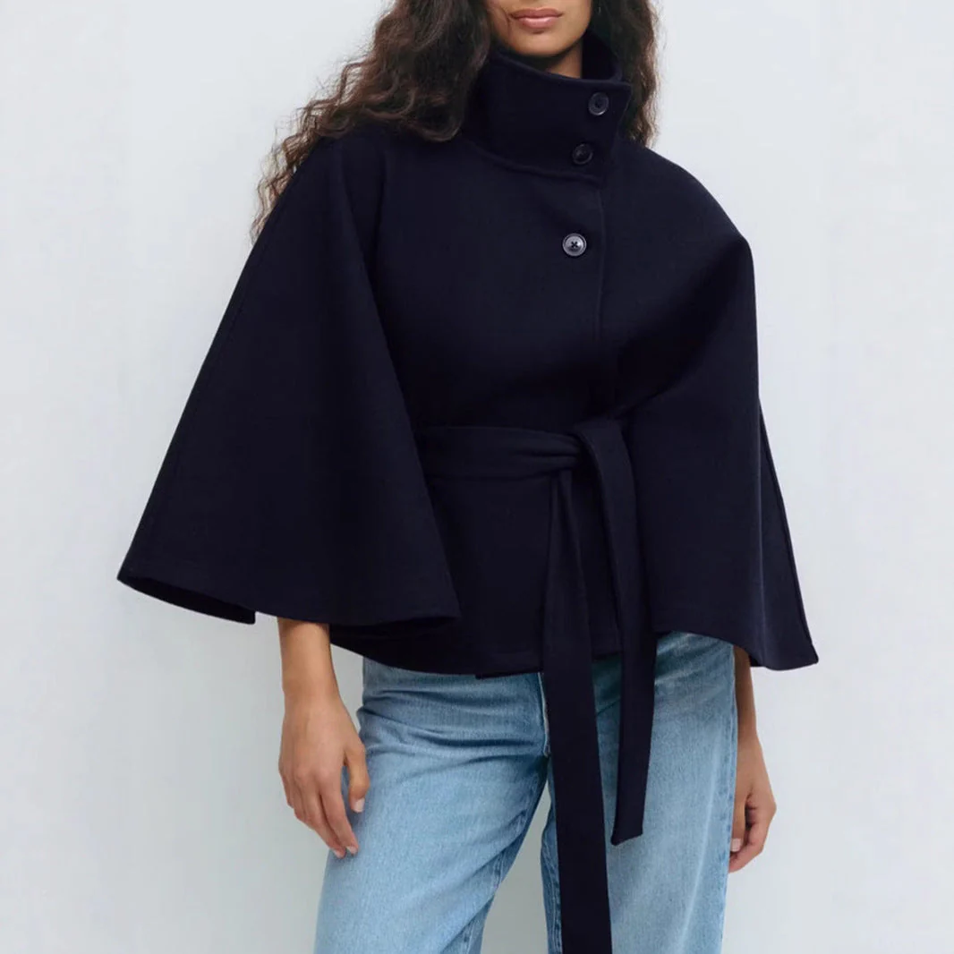 Damen stylische Umhangjacke mit hohem Kragen und Gürtel - Image 3