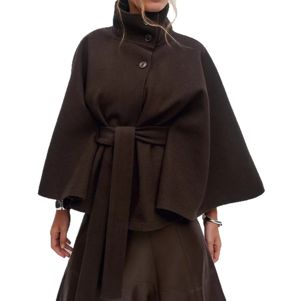 Damen stylische Umhangjacke mit hohem Kragen und Gürtel - Image 4