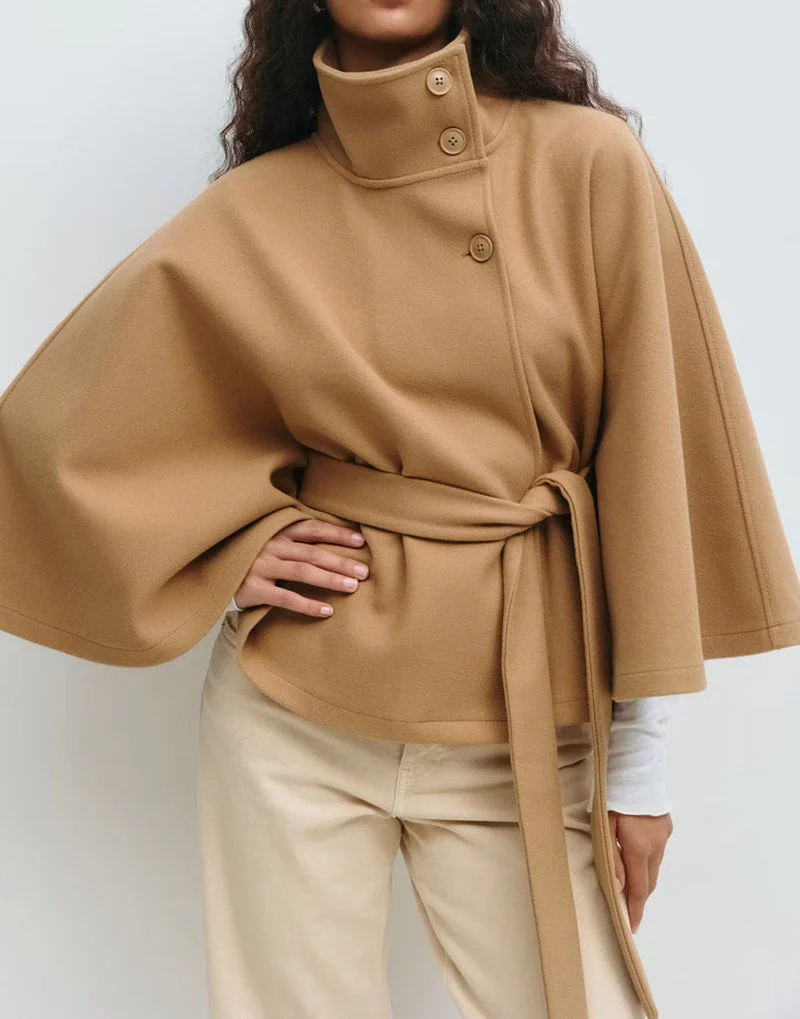 Damen stylische Umhangjacke mit hohem Kragen und Gürtel - Image 6