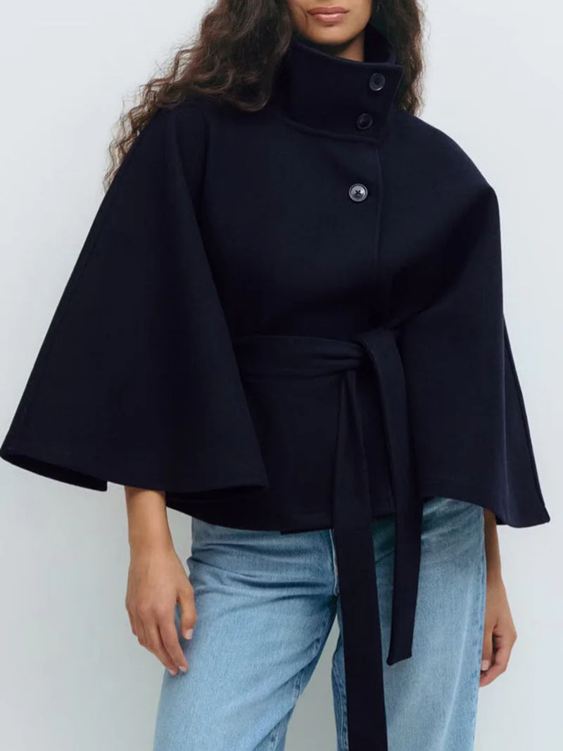 Damen stylische Umhangjacke mit hohem Kragen und Gürtel - Image 7