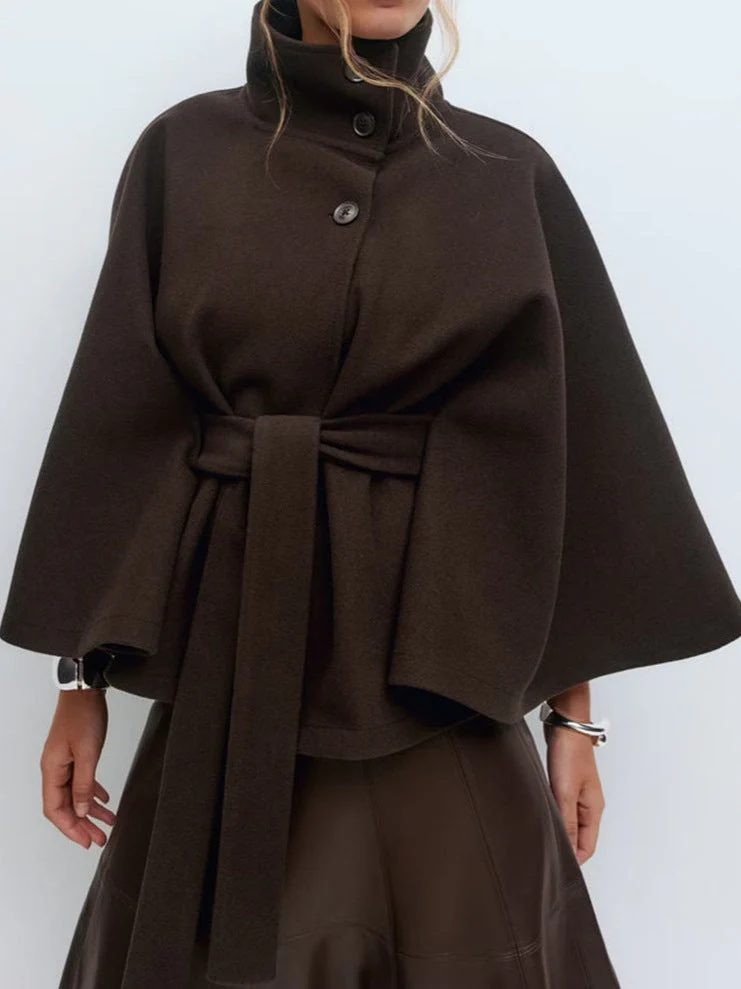Damen stylische Umhangjacke mit hohem Kragen und Gürtel - Image 8
