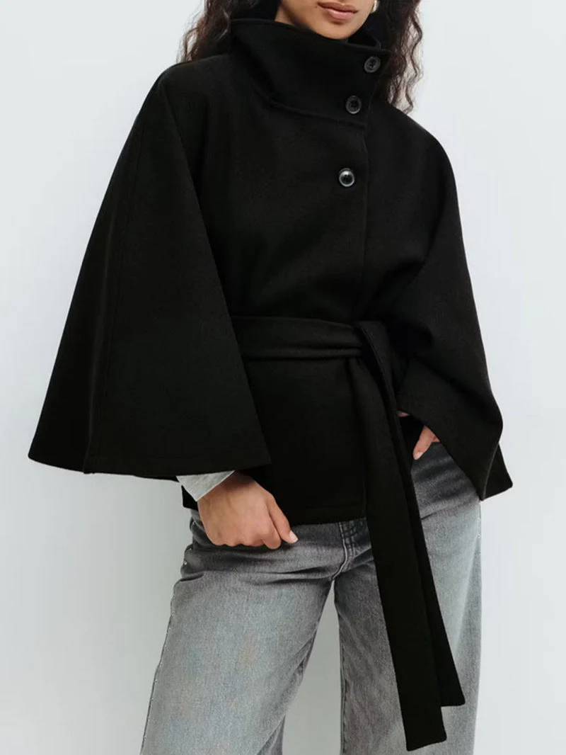Damen stylische Umhangjacke mit hohem Kragen und Gürtel - Image 9