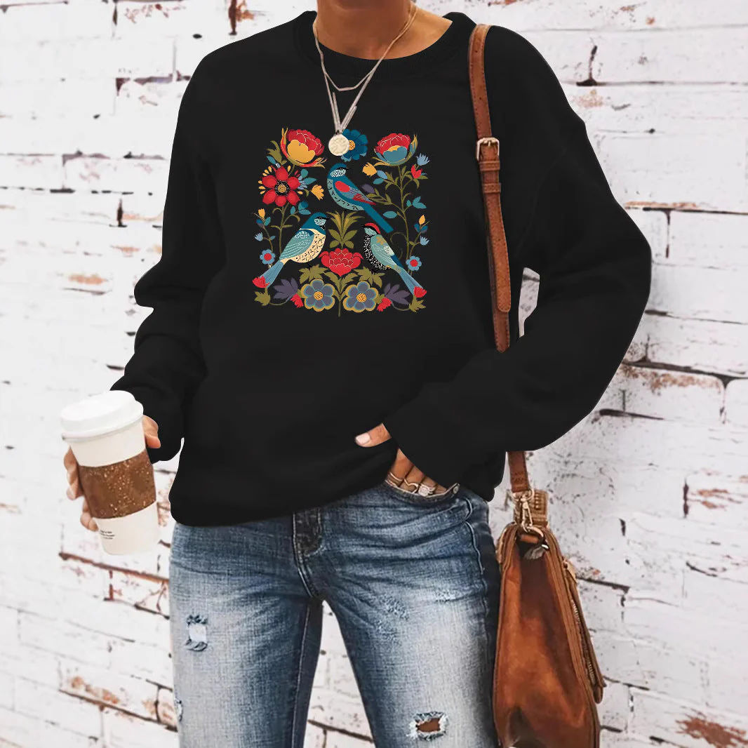 Damen Sweatshirt mit floralem Vogelmotiv und lässigem Schnitt