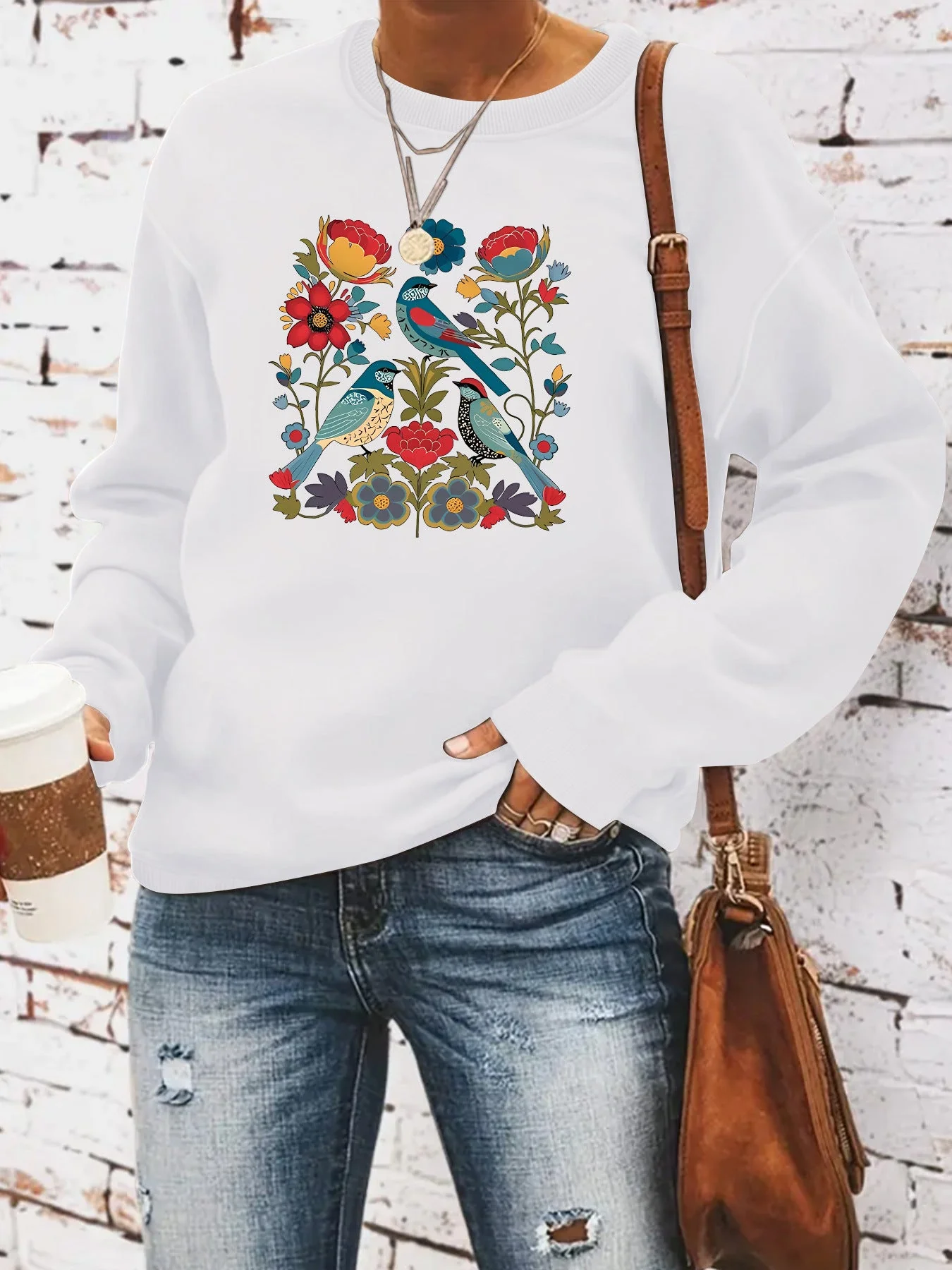 Damen Sweatshirt mit floralem Vogelmotiv und lässigem Schnitt - Image 10