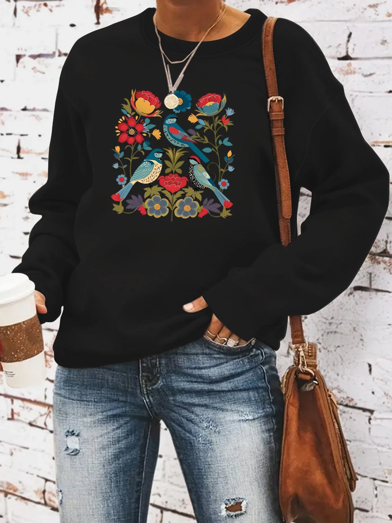 Damen Sweatshirt mit floralem Vogelmotiv und lässigem Schnitt - Image 12