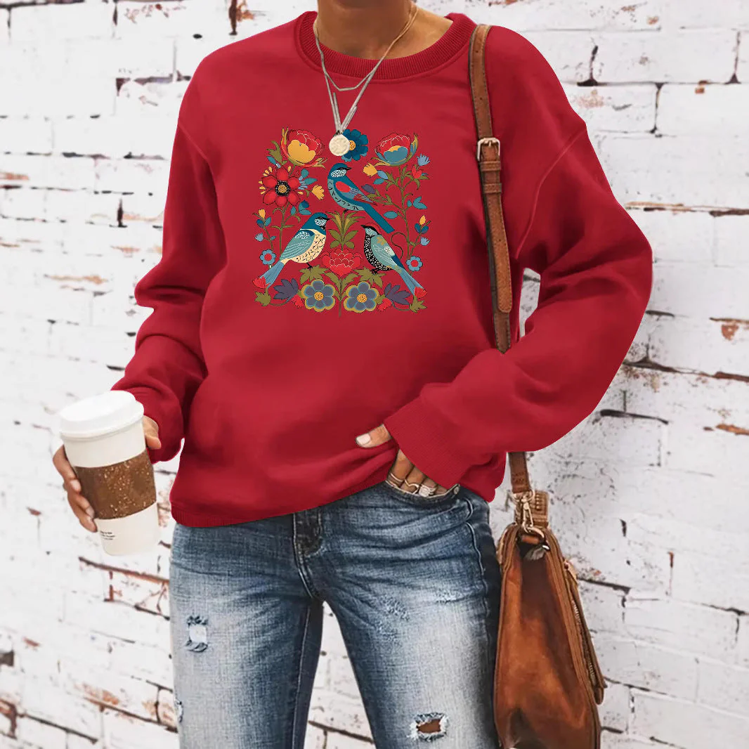 Damen Sweatshirt mit floralem Vogelmotiv und lässigem Schnitt - Image 2