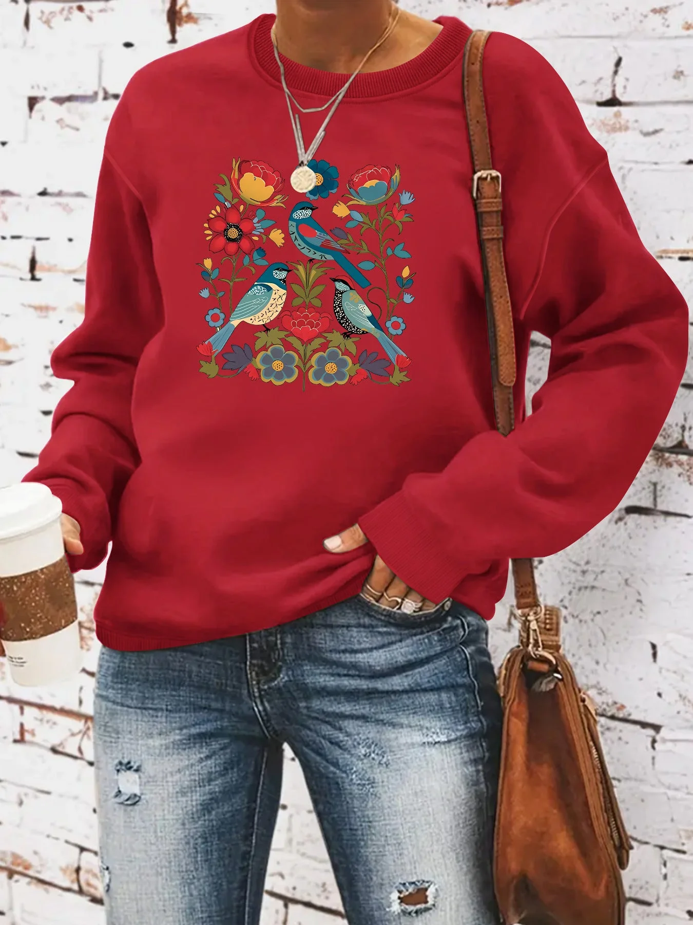 Damen Sweatshirt mit floralem Vogelmotiv und lässigem Schnitt - Image 5