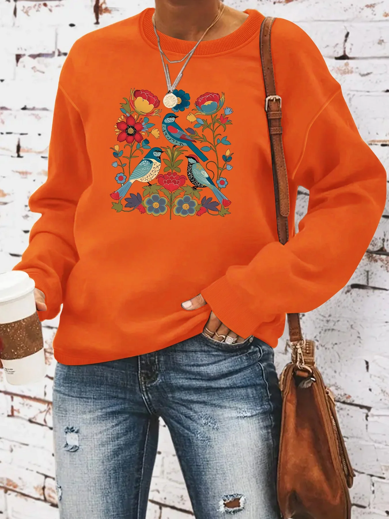 Damen Sweatshirt mit floralem Vogelmotiv und lässigem Schnitt - Image 6