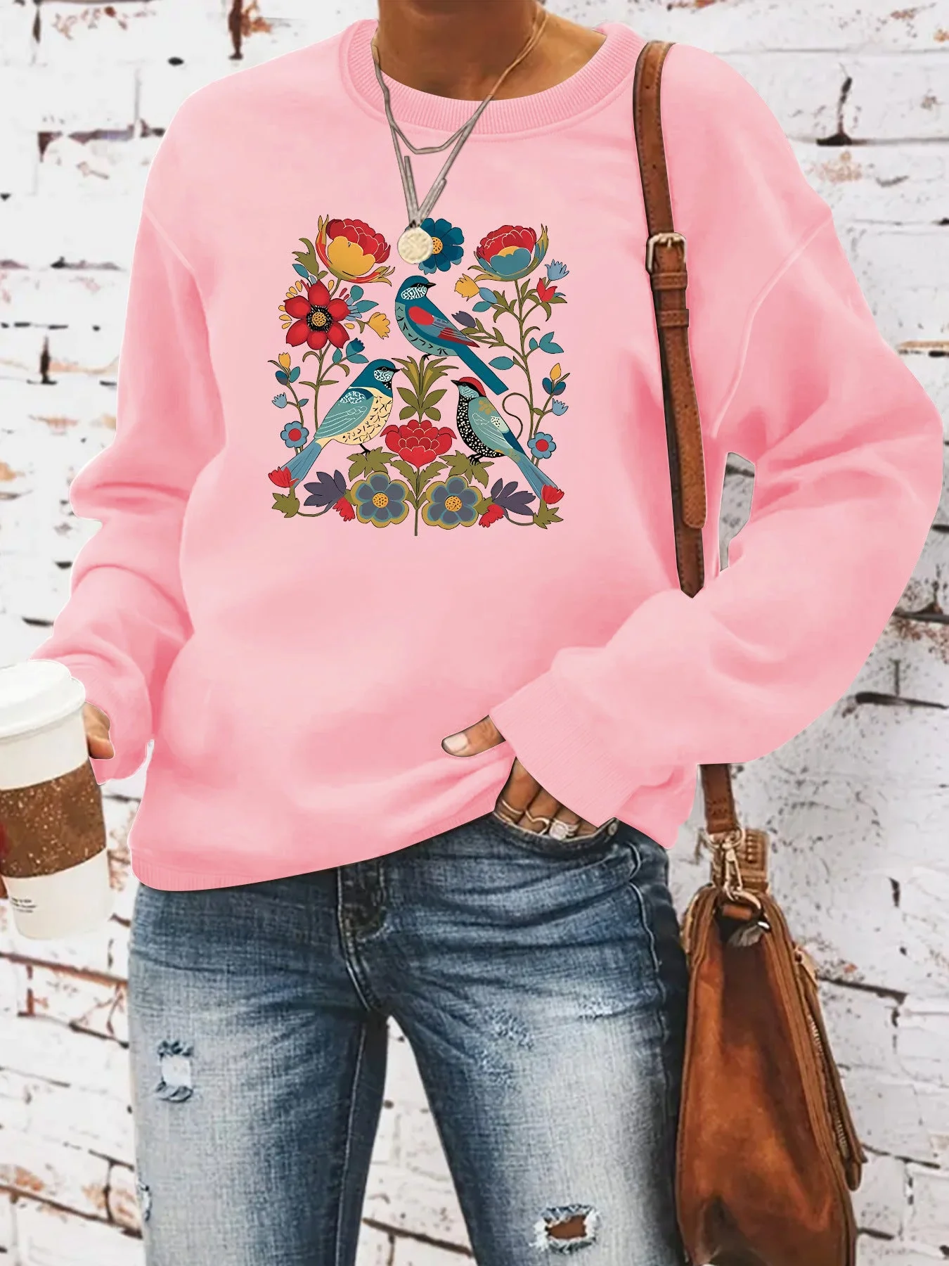 Damen Sweatshirt mit floralem Vogelmotiv und lässigem Schnitt - Image 7