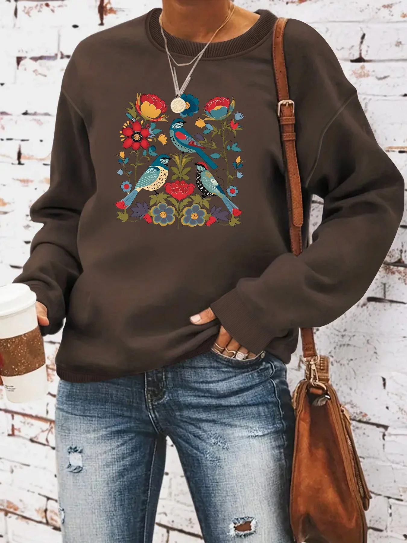 Damen Sweatshirt mit floralem Vogelmotiv und lässigem Schnitt - Image 8