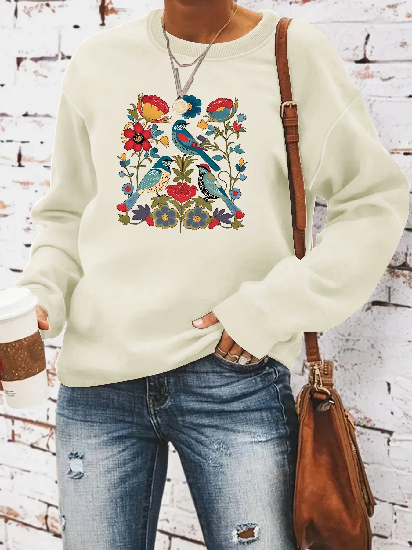 Damen Sweatshirt mit floralem Vogelmotiv und lässigem Schnitt - Image 9