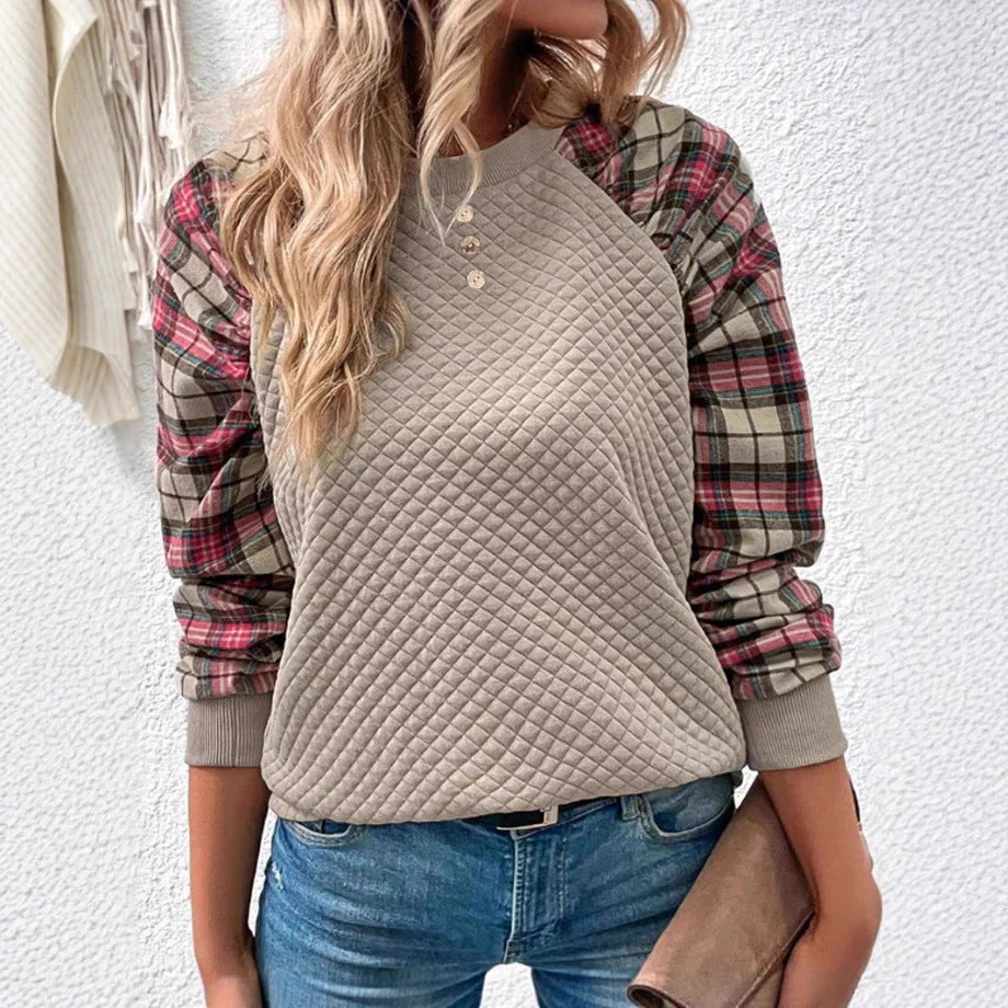 Damen Sweatshirt mit Gitterstruktur und karierten Ärmeln - Image 2