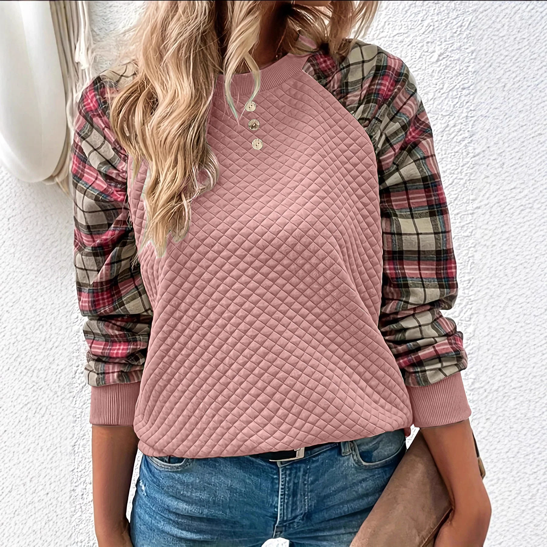 Damen Sweatshirt mit Gitterstruktur und karierten Ärmeln - Image 3