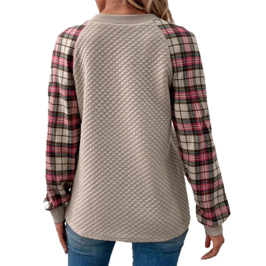 Damen Sweatshirt mit Gitterstruktur und karierten Ärmeln - Image 4