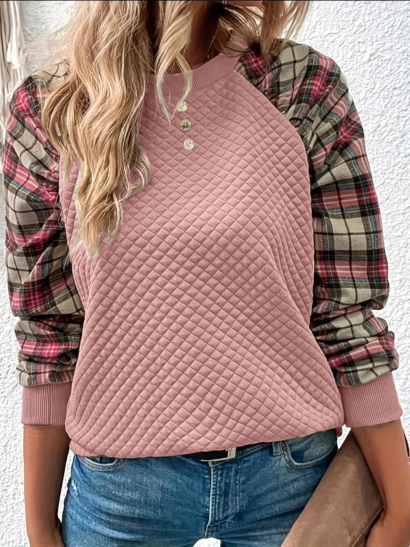 Damen Sweatshirt mit Gitterstruktur und karierten Ärmeln - Image 6