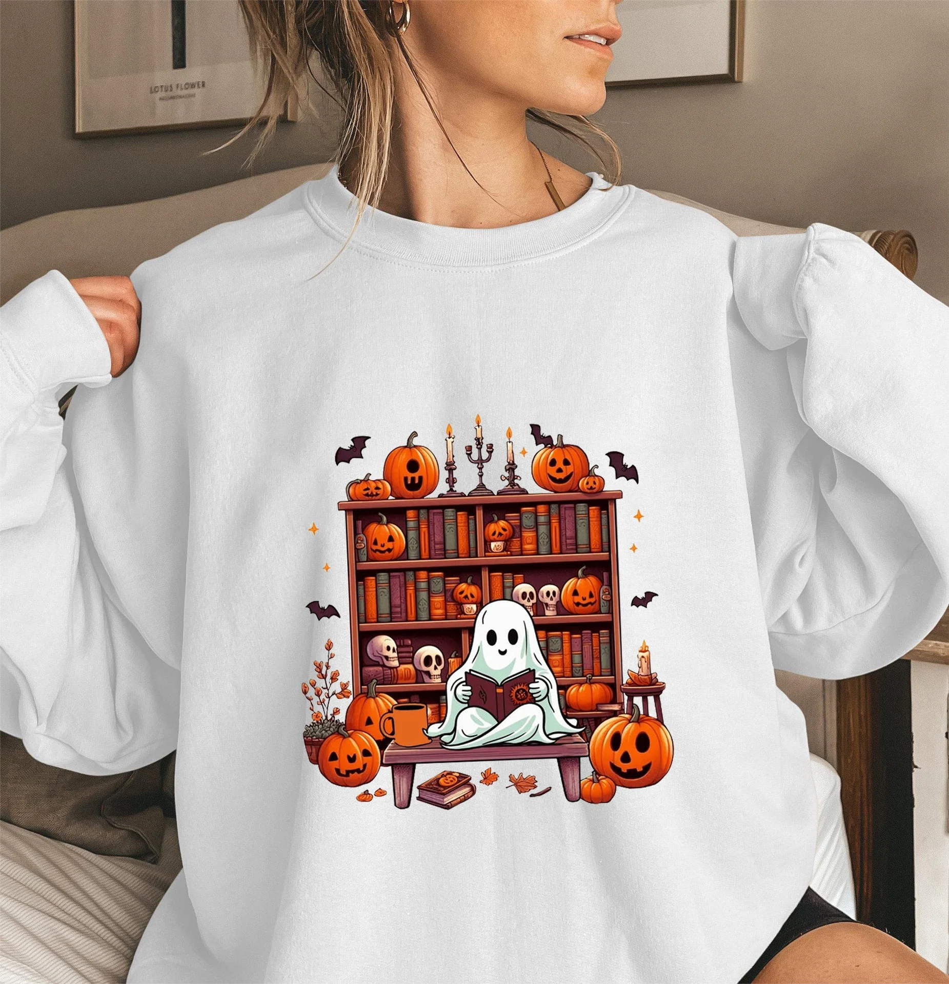 Damen Sweatshirt mit herbstlichem Gruselmotiv und lässigen Puffärmeln - Image 7