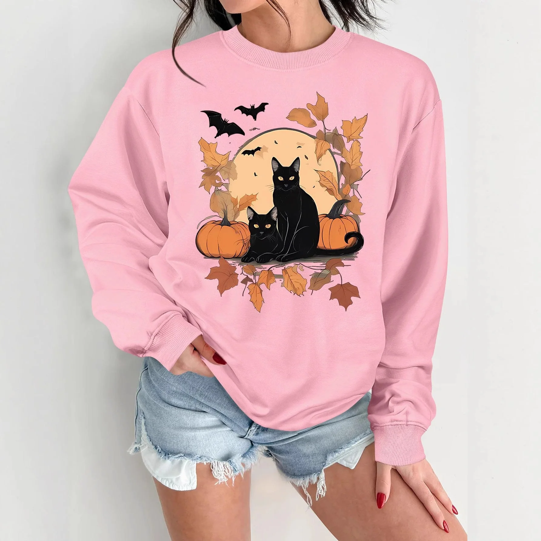 Damen Sweatshirt mit herbstlichem Katzen- und Kürbisdesign