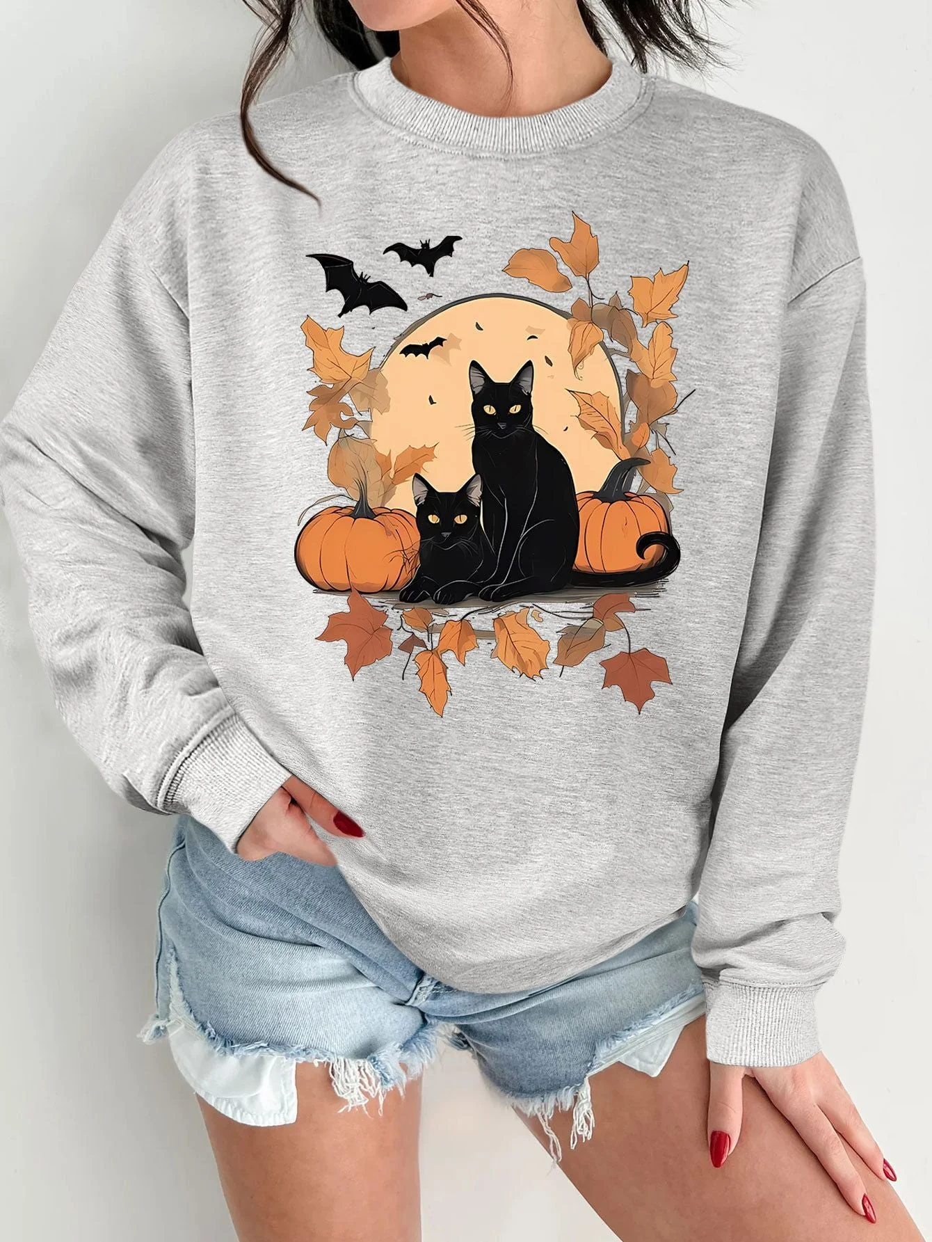 Damen Sweatshirt mit herbstlichem Katzen- und Kürbisdesign - Image 5