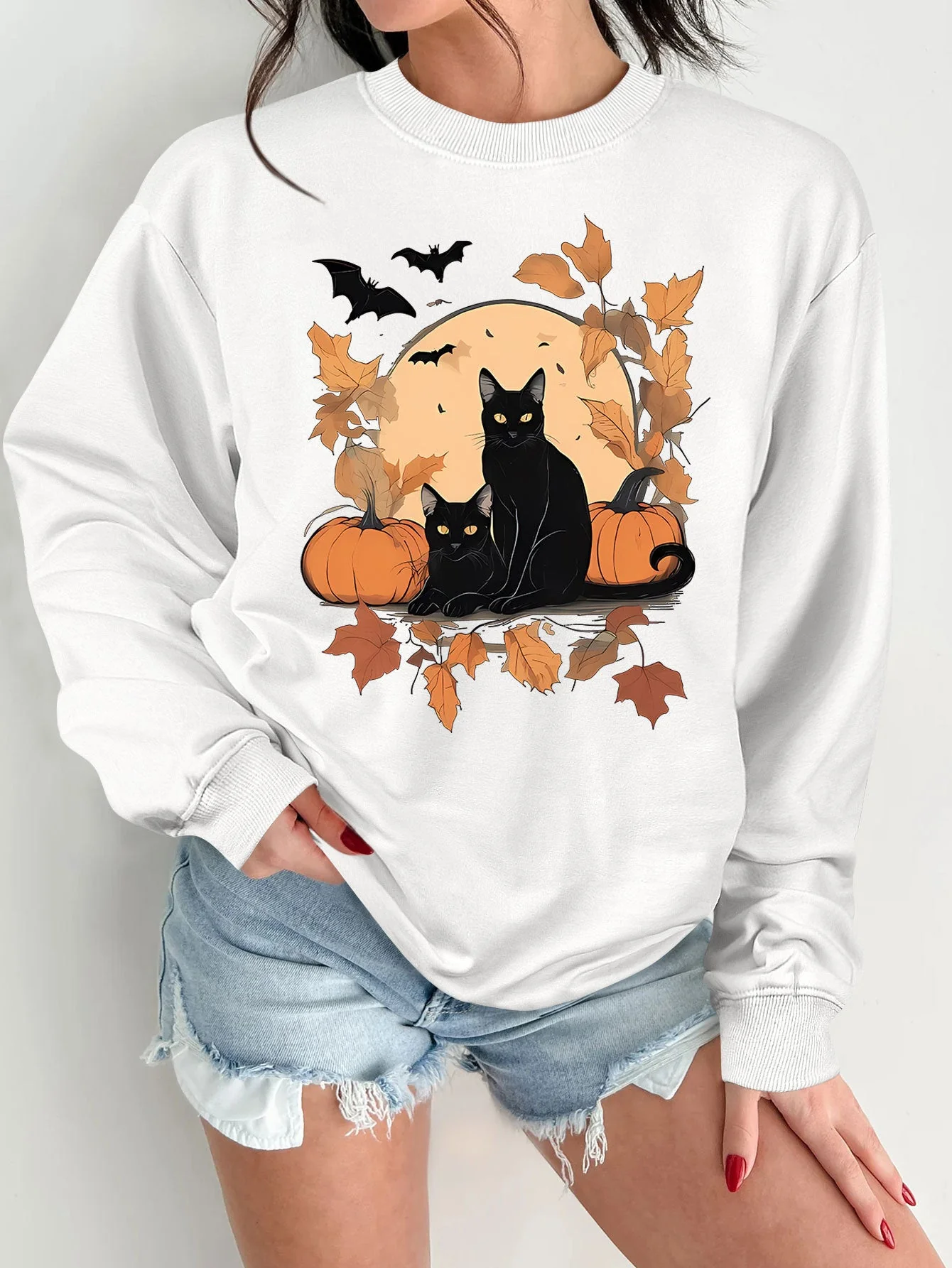 Damen Sweatshirt mit herbstlichem Katzen- und Kürbisdesign - Image 9