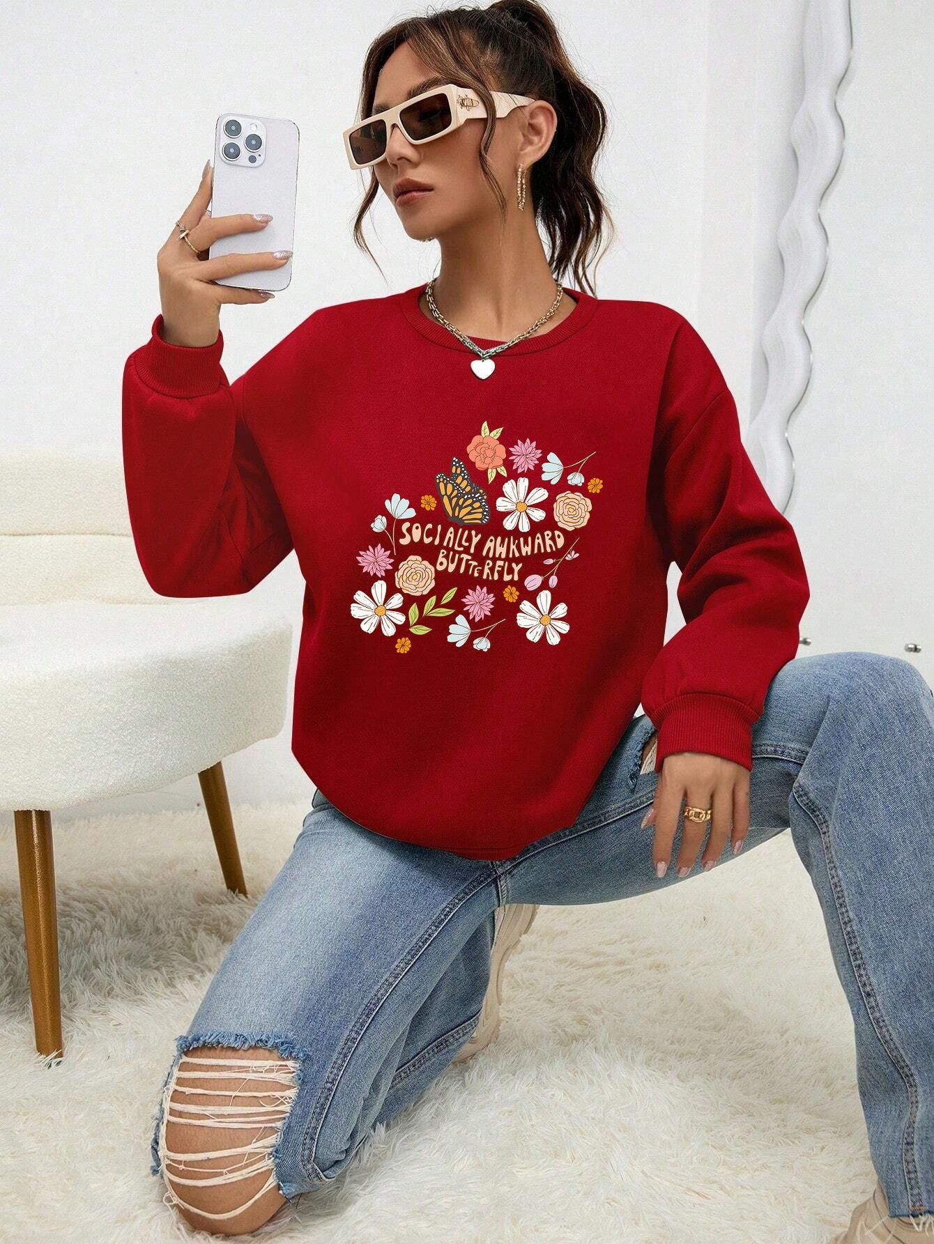 Damen Sweatshirt mit kreativem Floraldesign und inspirierendem Aufdruck - Image 8