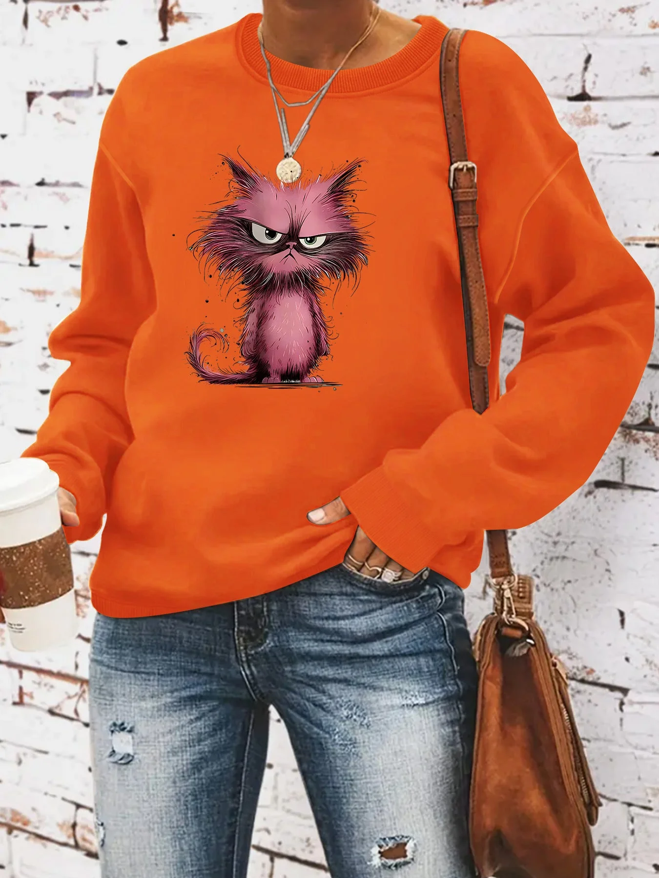 Damen Sweatshirt mit kreativem Katzenmotiv - Image 8