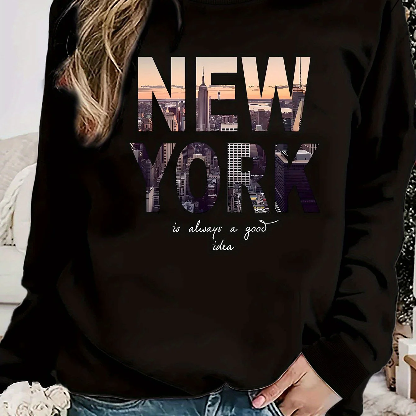Damen Sweatshirt mit kreativem New York Skyline Druck und gemütlichem Schnitt