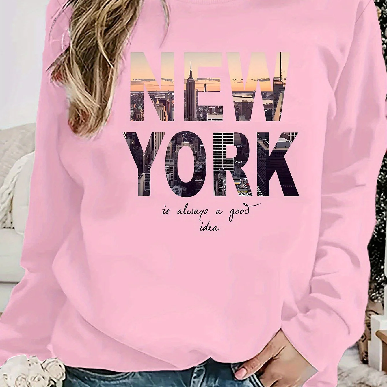 Damen Sweatshirt mit kreativem New York Skyline Druck und gemütlichem Schnitt - Image 2