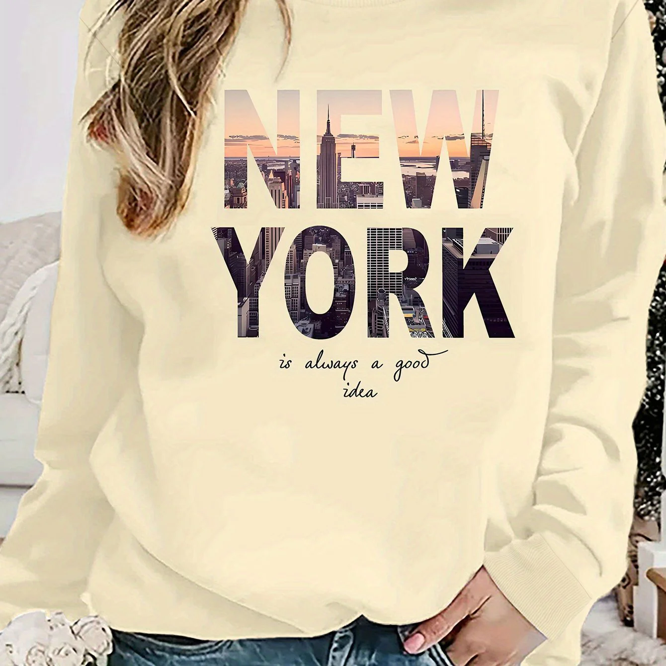 Damen Sweatshirt mit kreativem New York Skyline Druck und gemütlichem Schnitt - Image 3