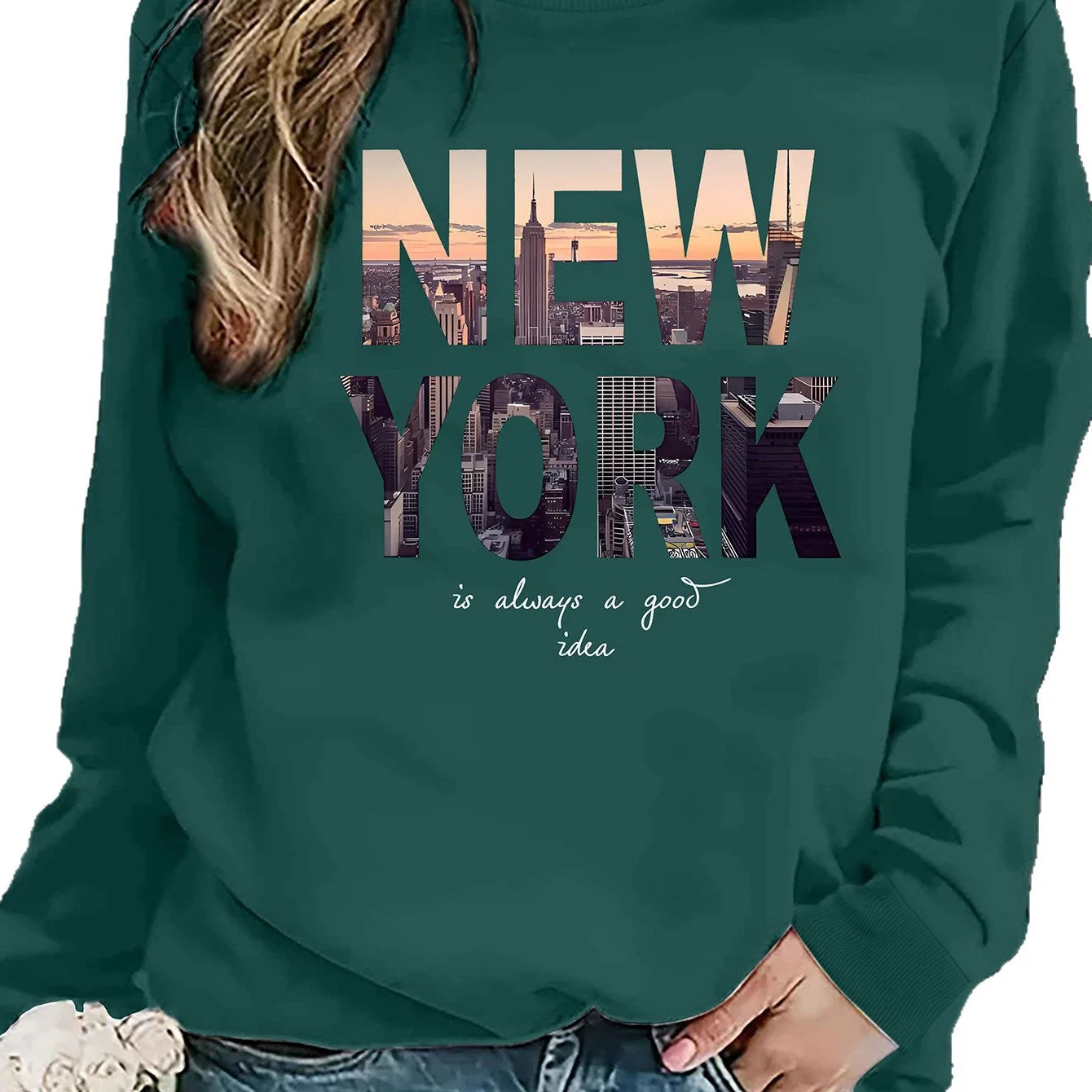 Damen Sweatshirt mit kreativem New York Skyline Druck und gemütlichem Schnitt - Image 4
