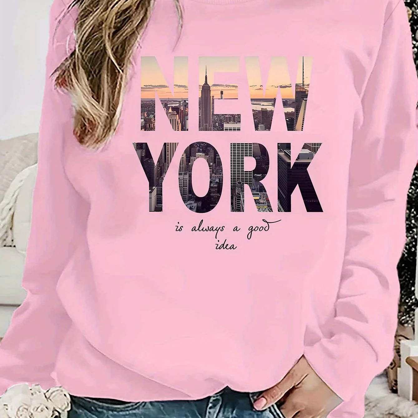 Damen Sweatshirt mit kreativem New York Skyline Druck und gemütlichem Schnitt - Image 5