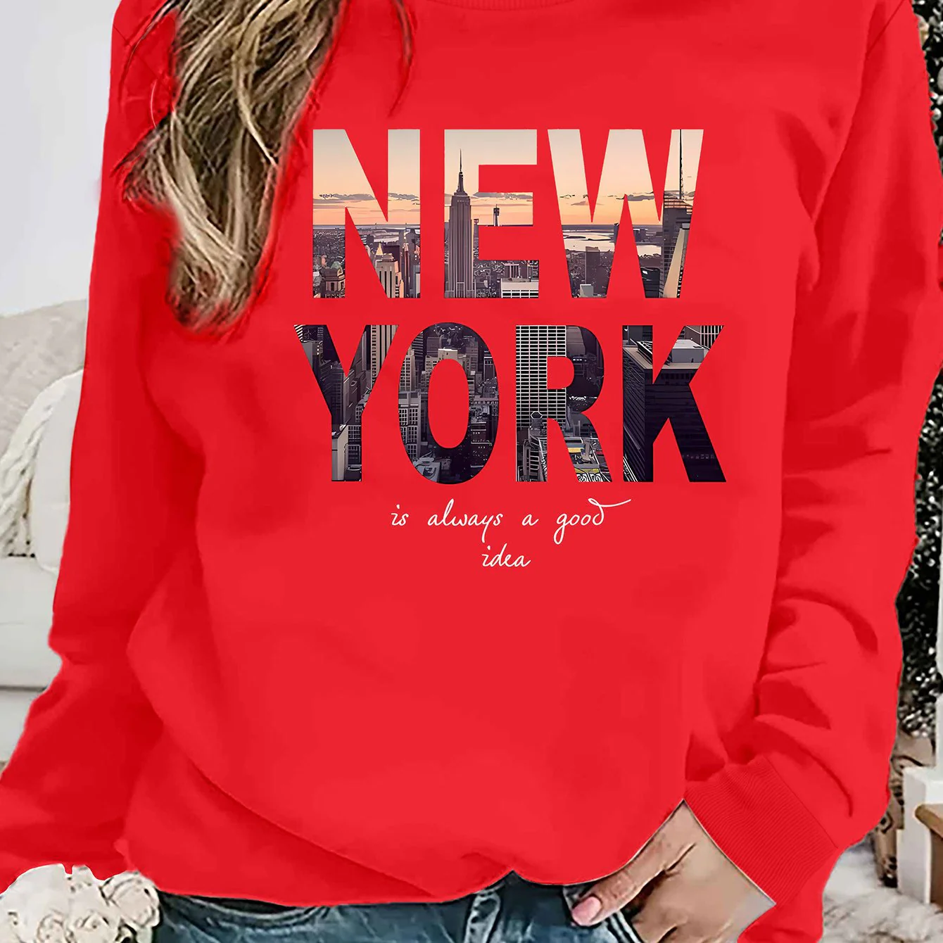 Damen Sweatshirt mit kreativem New York Skyline Druck und gemütlichem Schnitt - Image 6