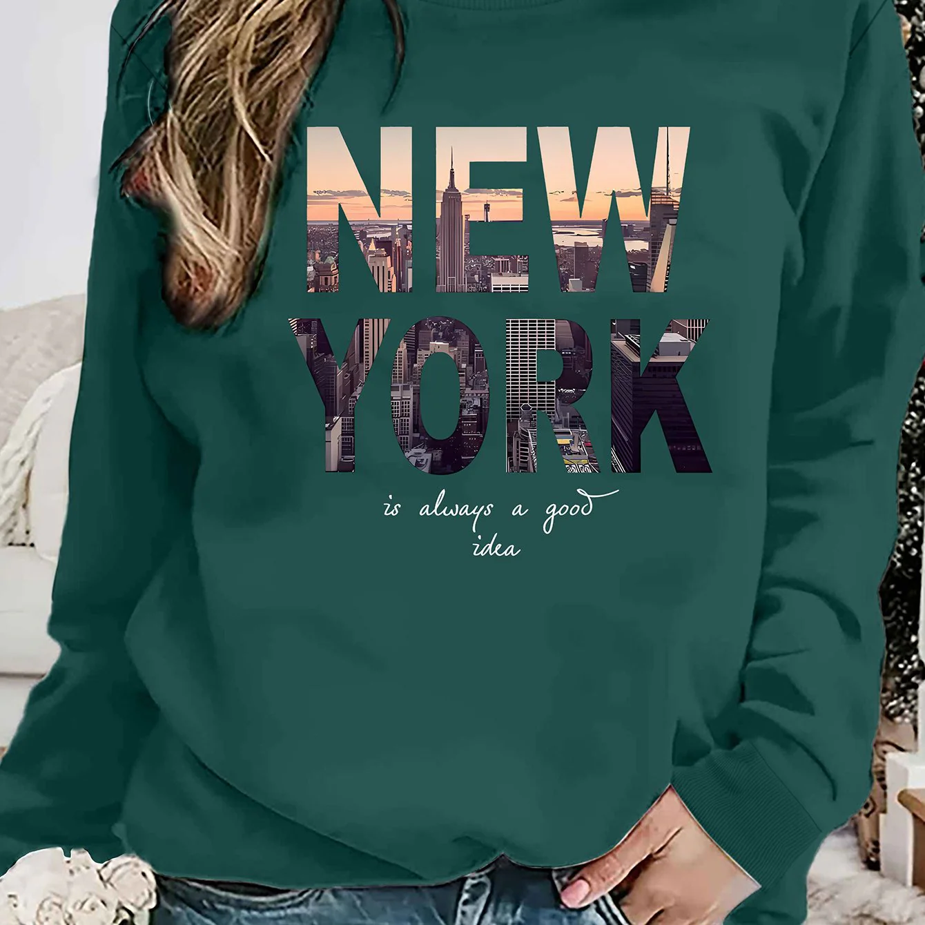 Damen Sweatshirt mit kreativem New York Skyline Druck und gemütlichem Schnitt - Image 7