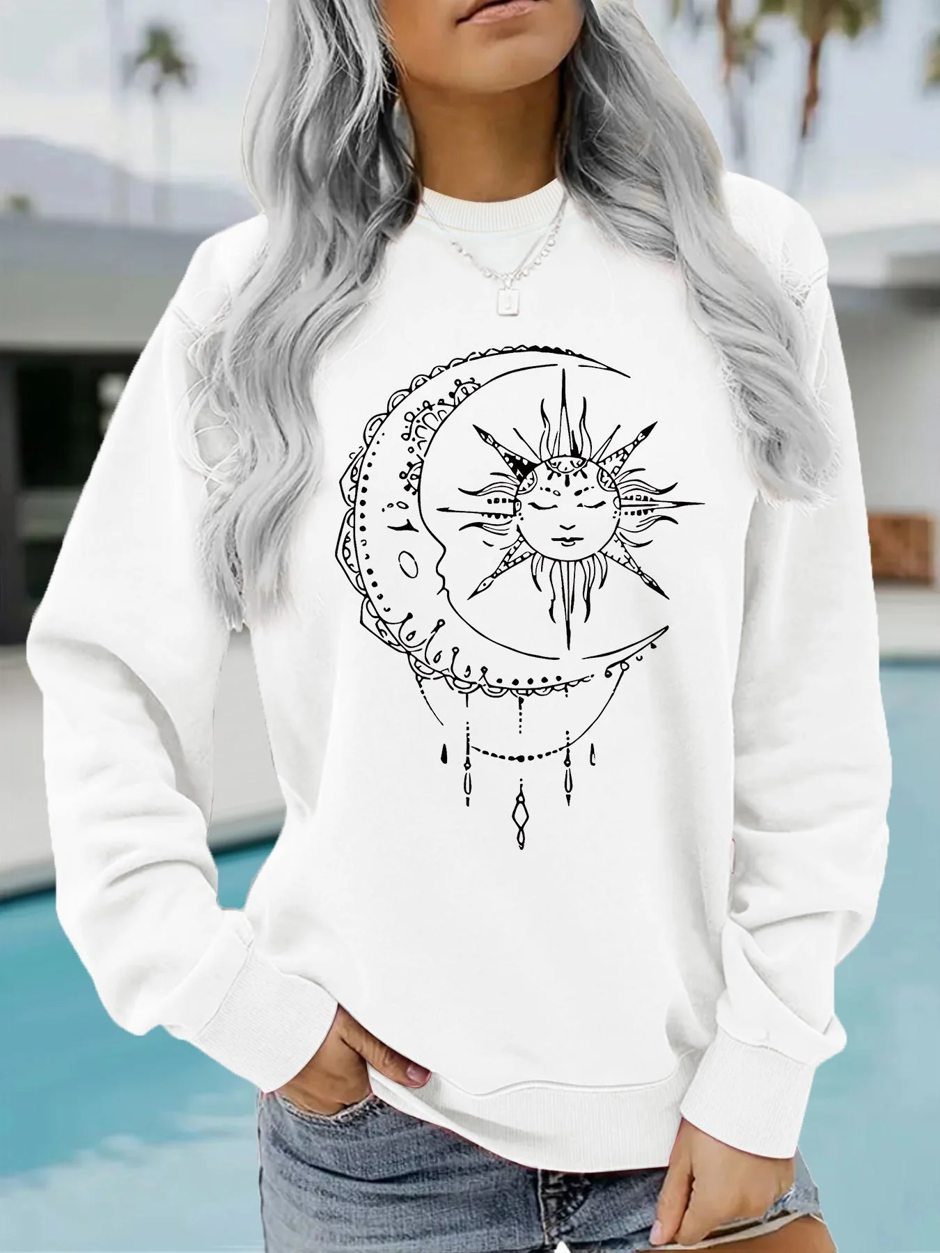 Damen Sweatshirt mit künstlerischem Sonnen- und Mondmotiv - Image 10