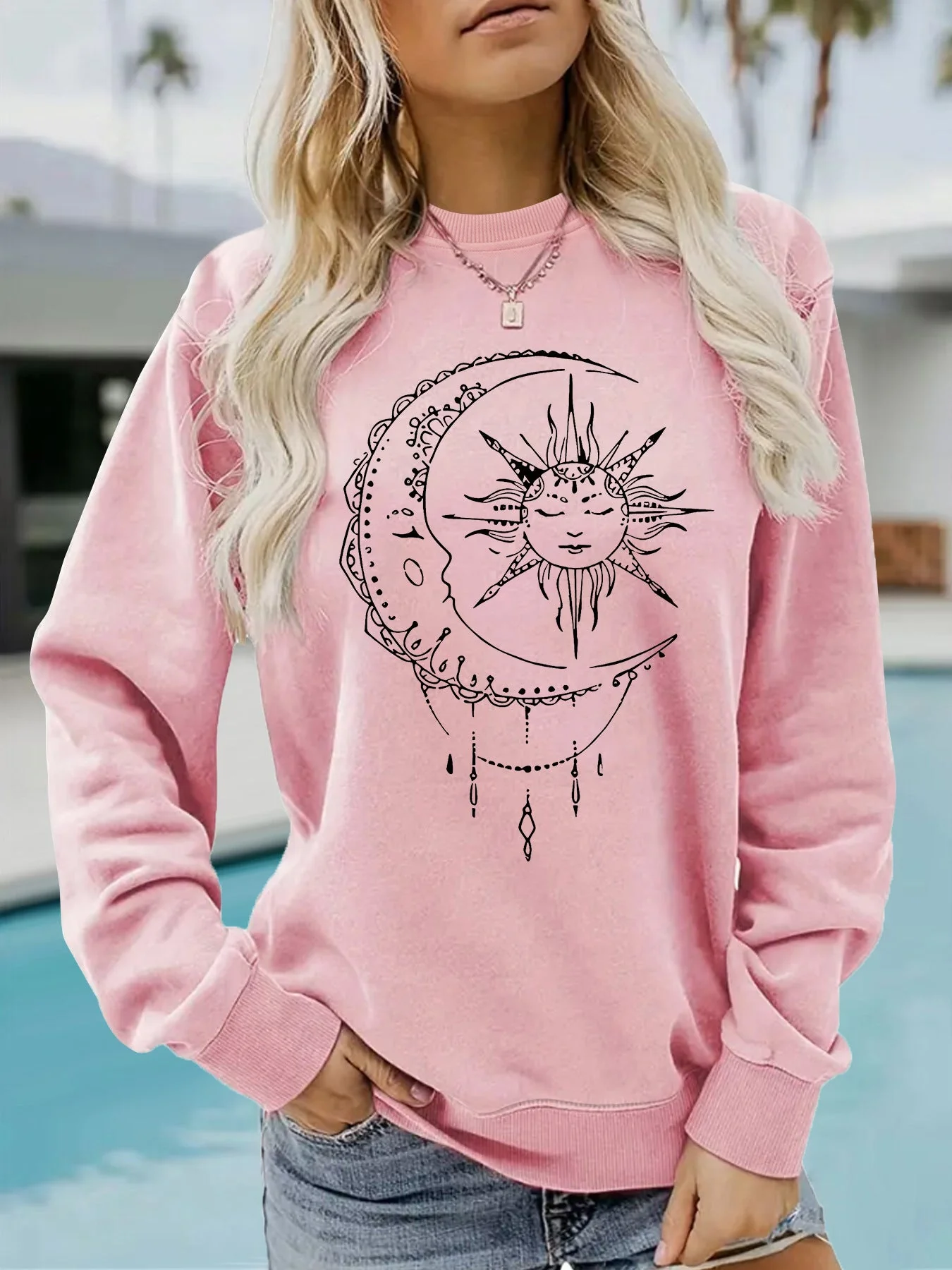 Damen Sweatshirt mit künstlerischem Sonnen- und Mondmotiv - Image 7