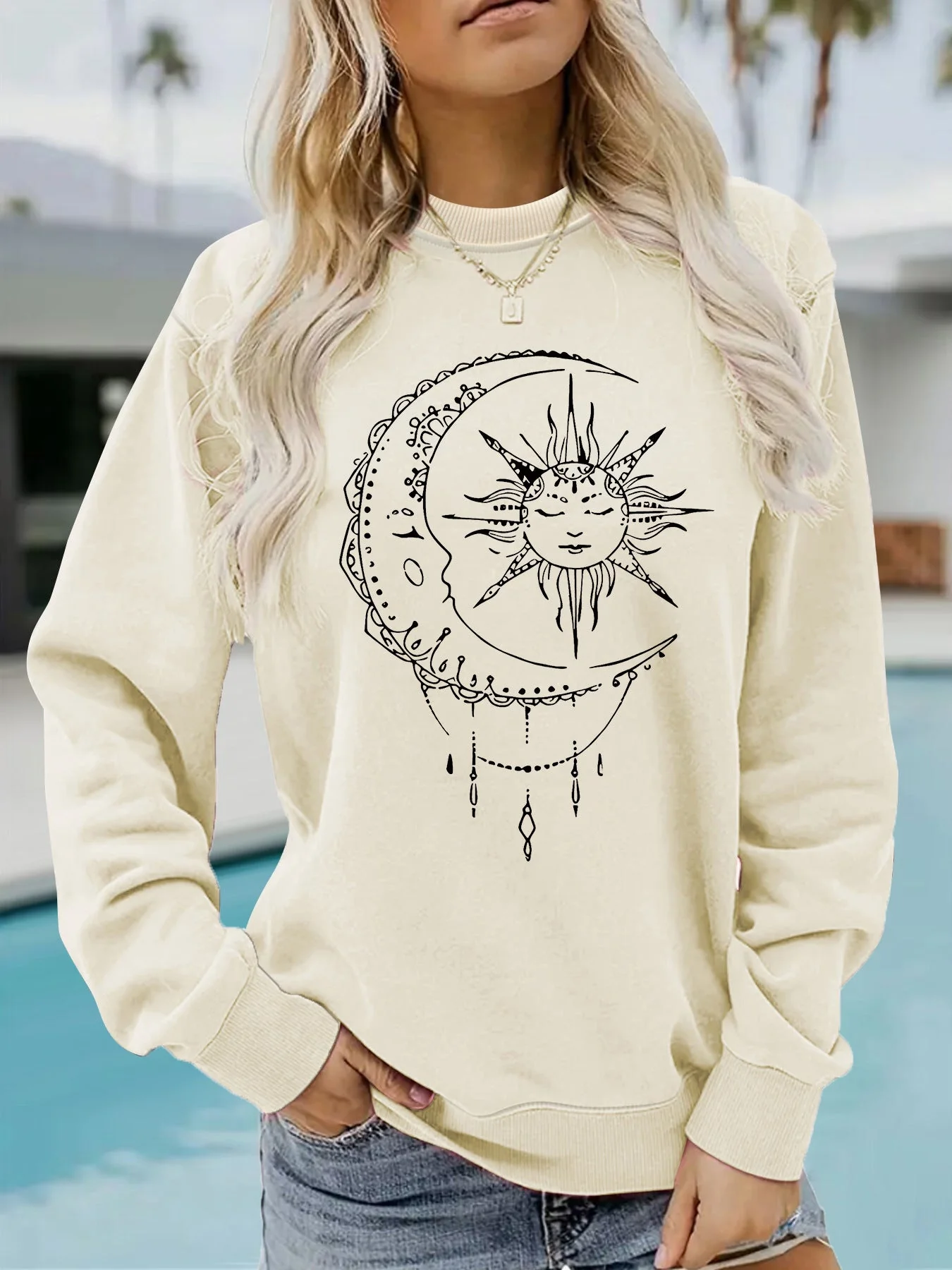 Damen Sweatshirt mit künstlerischem Sonnen- und Mondmotiv - Image 9