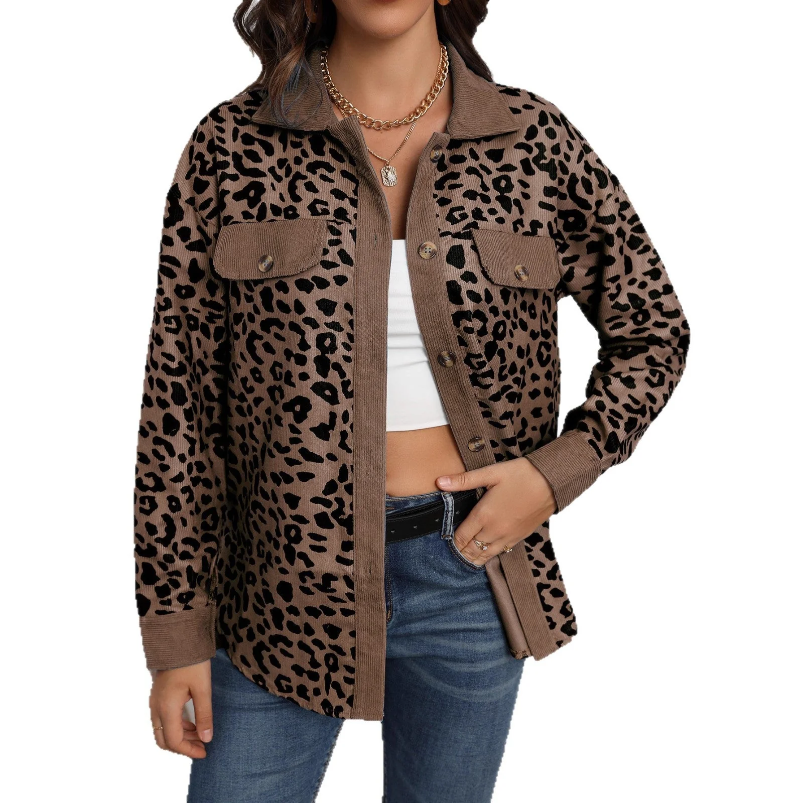 Damen Trendige Kordjacke mit Leo-Print und Brusttaschen - Image 4