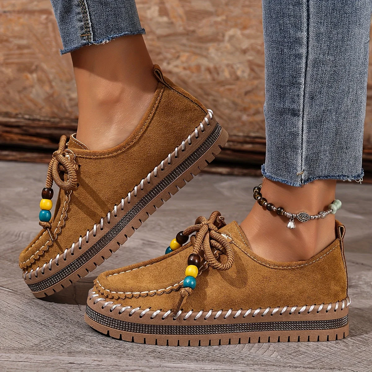 Damen Vintage Perlen Schnür Schuhe - Image 2