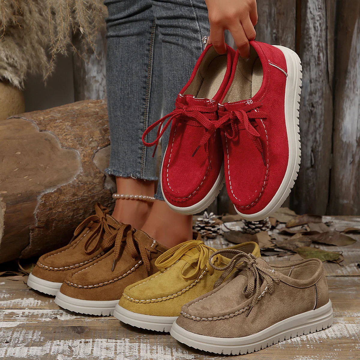Damen Vintage Schnür-Mokassinschuhe