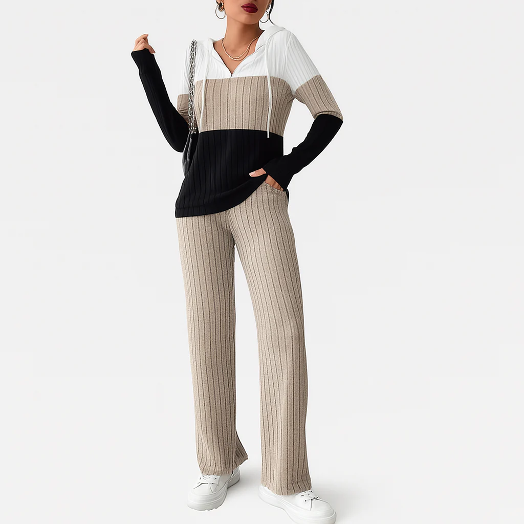 Damen Zweiteiler mit Reißverschluss – Gestreiftes Top & High-Waist Hose mit weitem Bein - Image 2