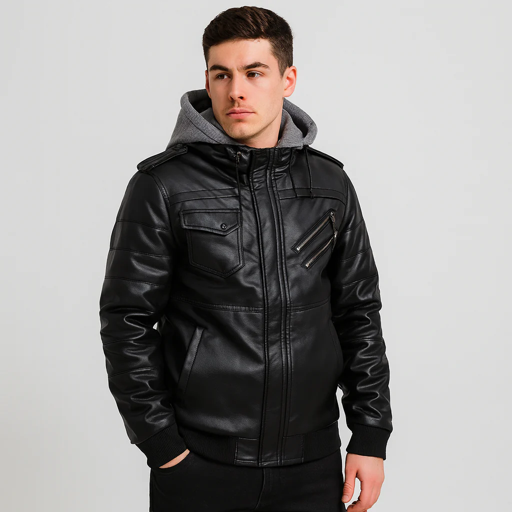 Damon Herren PU-Lederjacke – Urbaner Mantel mit Kapuze und vielen Taschen - Image 2