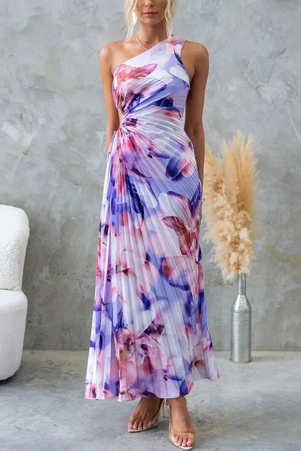 Deja -  Blumenmuster  Ein-Schulter Falten Maxi Kleid