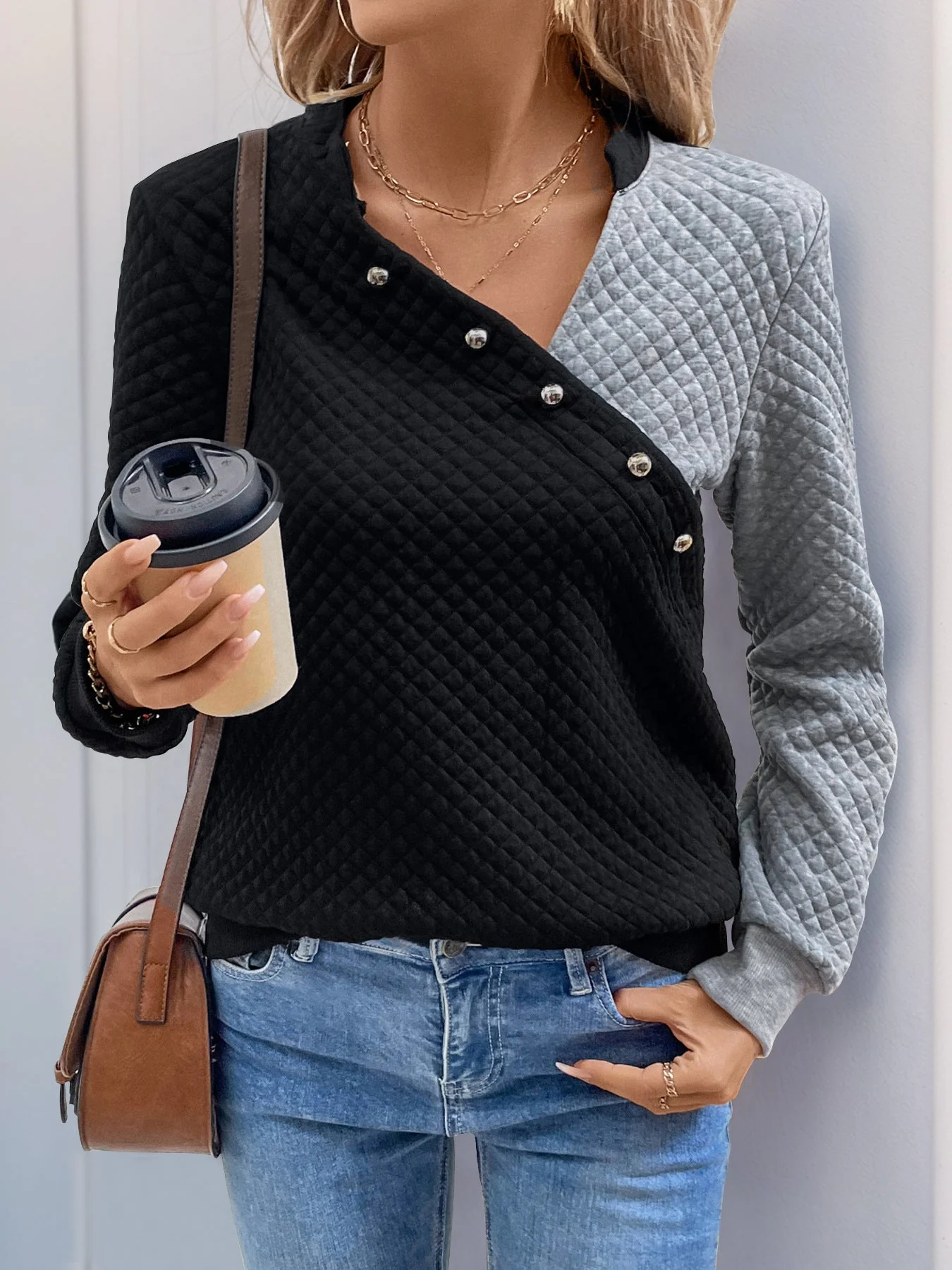 DEKORATIVER KNOPF KONTRAST LANGARMPULLOVER | ELEGANTER STIL, KOMFORTABELER TRAGEKOMFORT