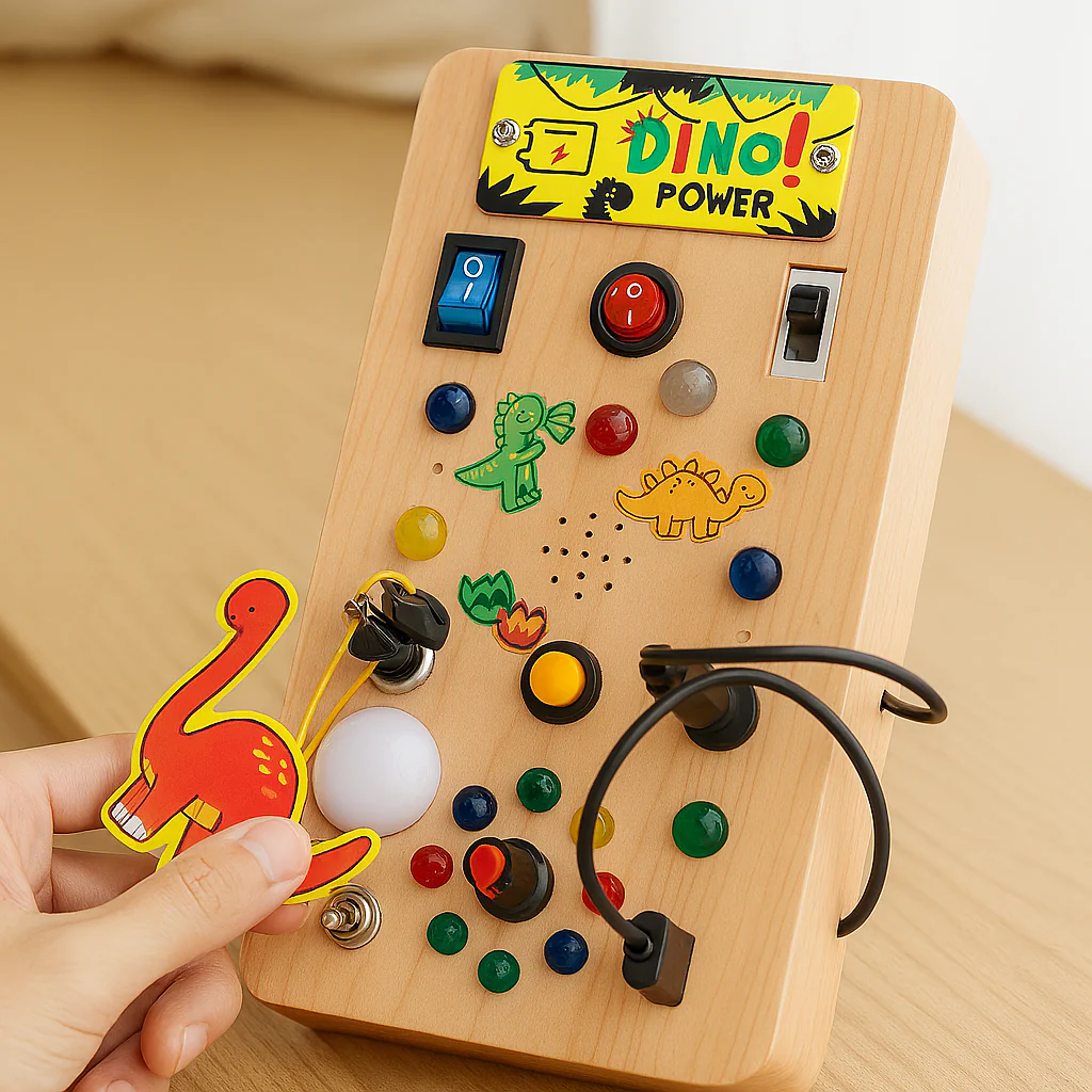 Dinosaurier-Aktivitätsspielzeug aus Holz – Lernschachspiel mit Lichtern, Musik und Sensoren