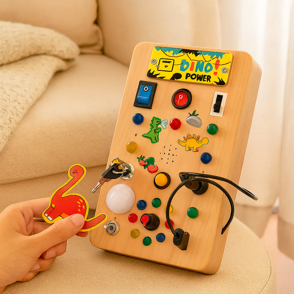 Dinosaurier-Aktivitätsspielzeug aus Holz – Lernschachspiel mit Lichtern, Musik und Sensoren - Image 2